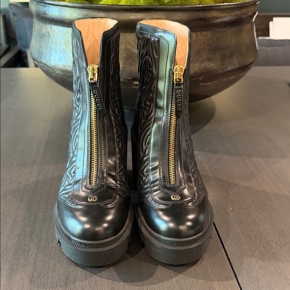Gucci Black Quilted Leather Platform Zip Ankle Boots with Gold Hardware - Picture 1 of 17